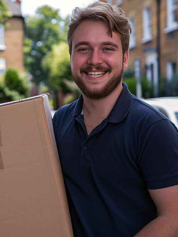 A mover holding a cardboard box next to an open van door