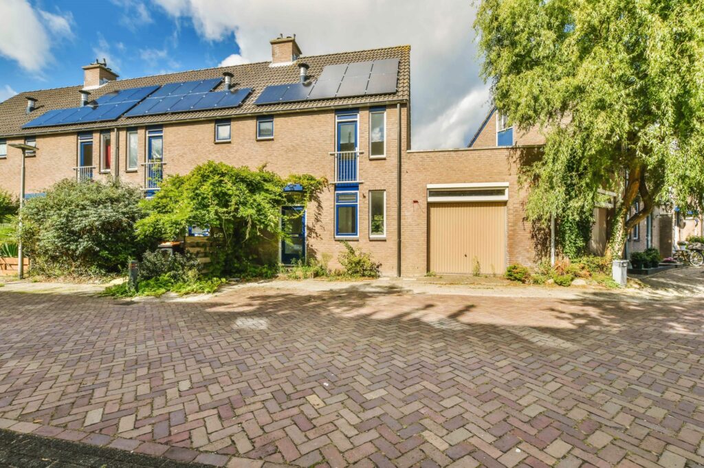 Brick houses with solar panels on the roof