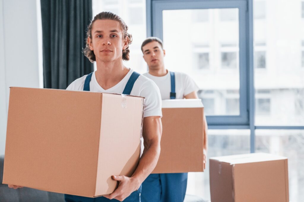 Two uniformed Man and Van crew are carrying carton in the concept of moving to Coulsdon.