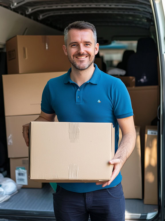 man wearing blue polo shirt holding a box smiling